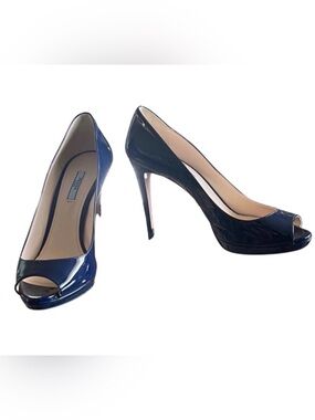 Prada Navy Blue Patent Peep Toe Heels Shoes Sz 40